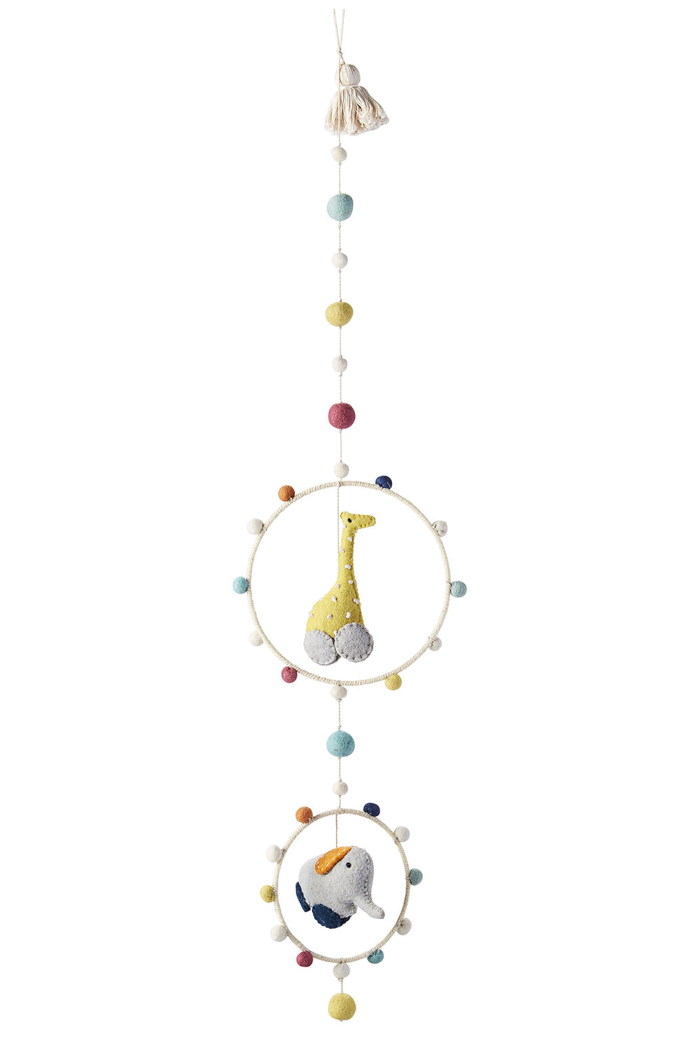 Pehr Pull Toys Hoop Mobile. Hand made. 100% wool. Giraffe and elephant hanging in hoops with coloured pom poms.