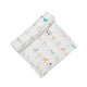 Pehr Pull Toys Organic Novelty Swaddles. Organic cotton, hand printed. White with pull toy pattern.