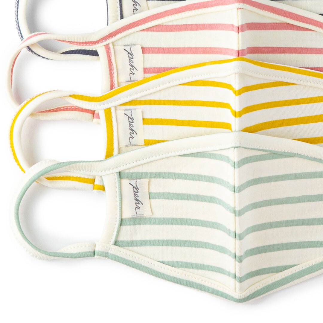 Pehr Organic Face Masks - close up image of Organic Cotton Kids and Adult Face Masks in Stripes Away colors