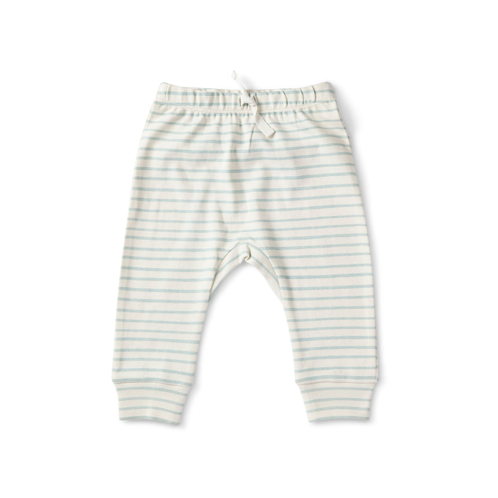Pehr Sea Organic Harem Pant. GOTS Certified Organic Cotton & Dyes. White with light blue stripes.