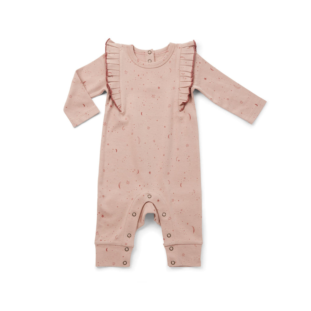 Pehr Long Sleeve Stardust Romper. Certified organic cotton. White with stars and ruffles on the collar.