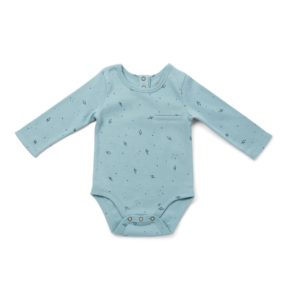 Pehr Rocketman Organic One-Piece, Long Sleeve. GOTS Certified Organic Cotton & Dyes. Blue with celestial pattern, long sleeve, ruffles on shoulders, button closure at bottom.