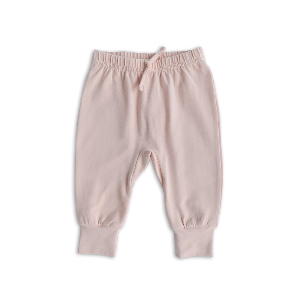 Pehr Powder Pink Essentials Pant. GOTS Certified Organic Cotton & Dyes. Light pink pants with tie.