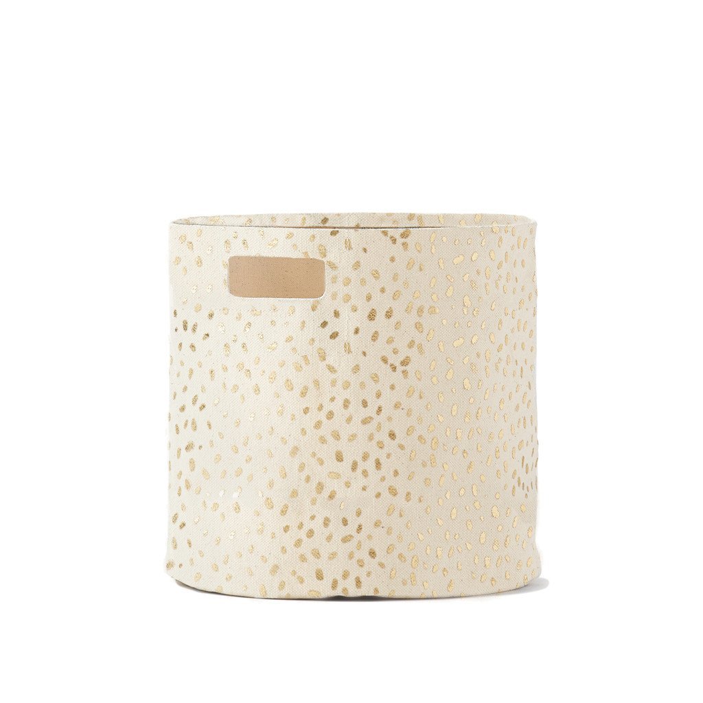 Pehr Printed Bin Gold Foil Speck Hamper. Handmade. Round canvas hamper with gold dots.