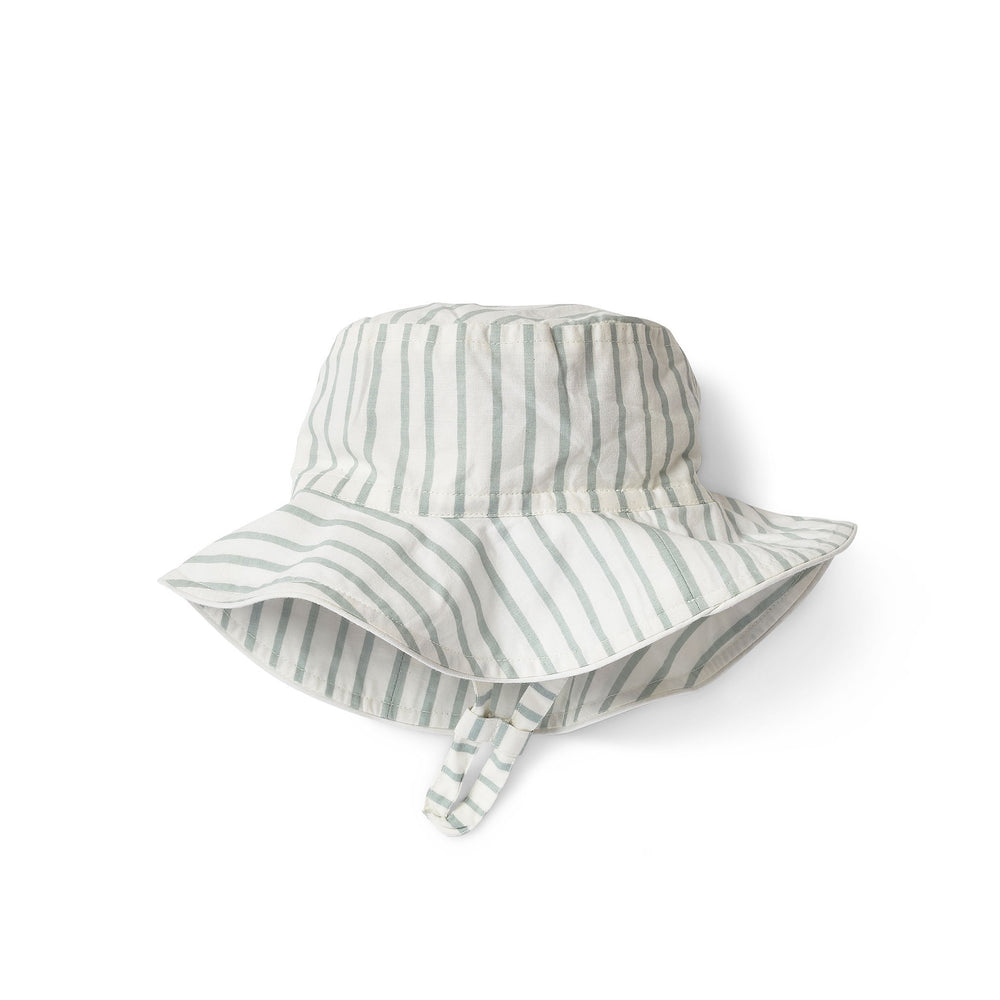 Pehr Stripes Away Sea Bucket Hat. 100% organic cotton. White with light blue stripes.