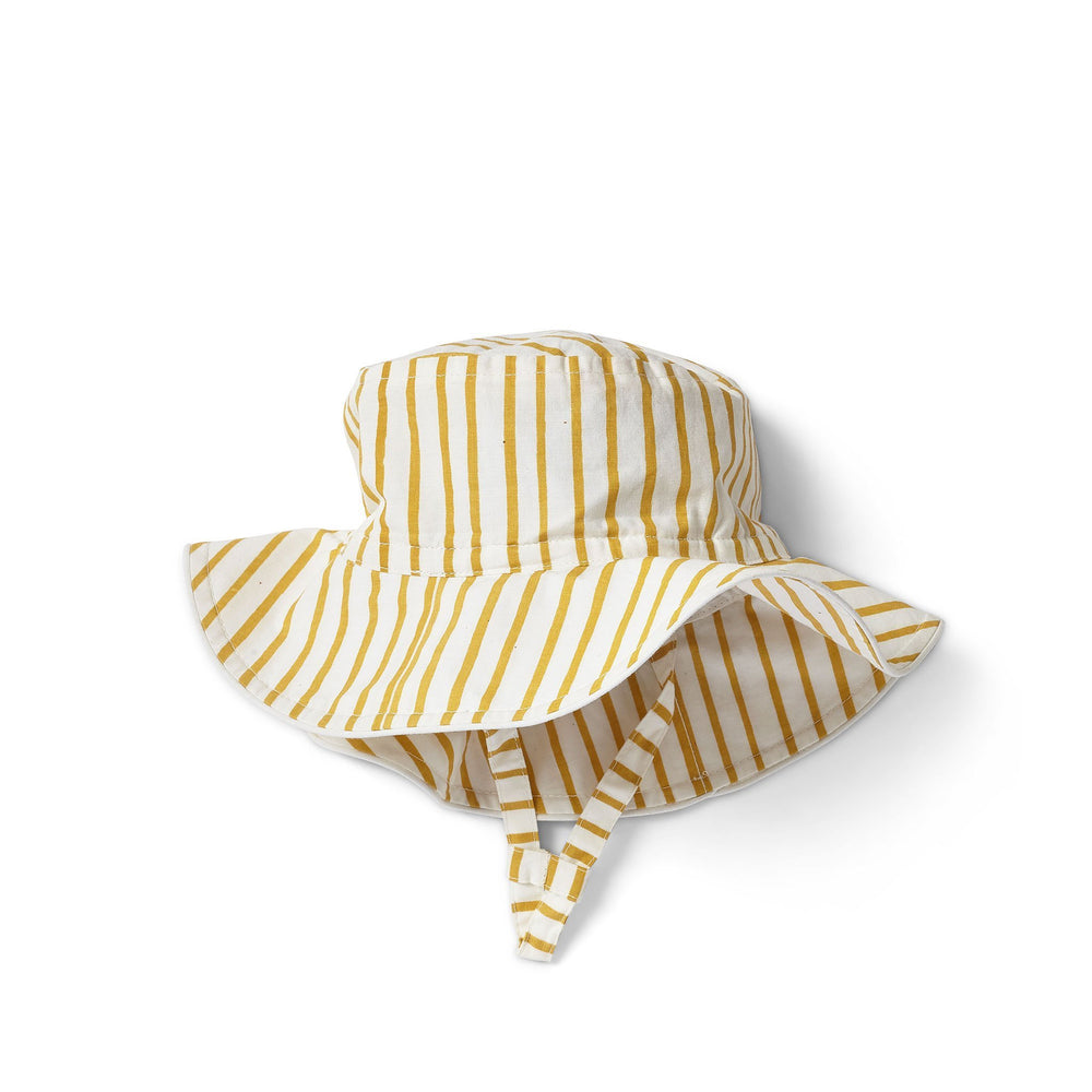 Pehr Stripes Away Marigold Bucket Hat. 100% organic cotton. White with gold stripes.