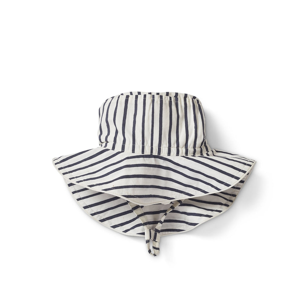 Pehr Stripes Away Ink Blue Bucket Hat. 100% organic cotton. White with dark blue stripes.