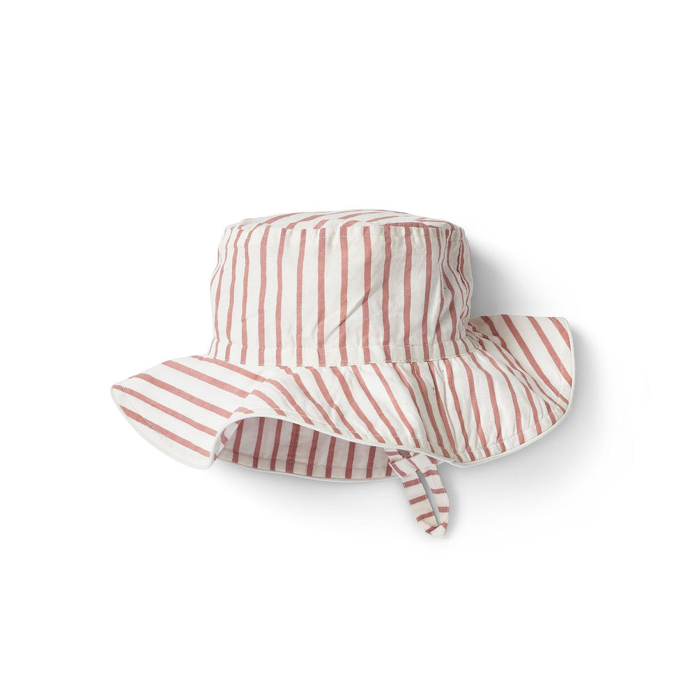Pehr Stripes Away Dark Pink Bucket Hat. 100% organic cotton. White with dark pink stripes.