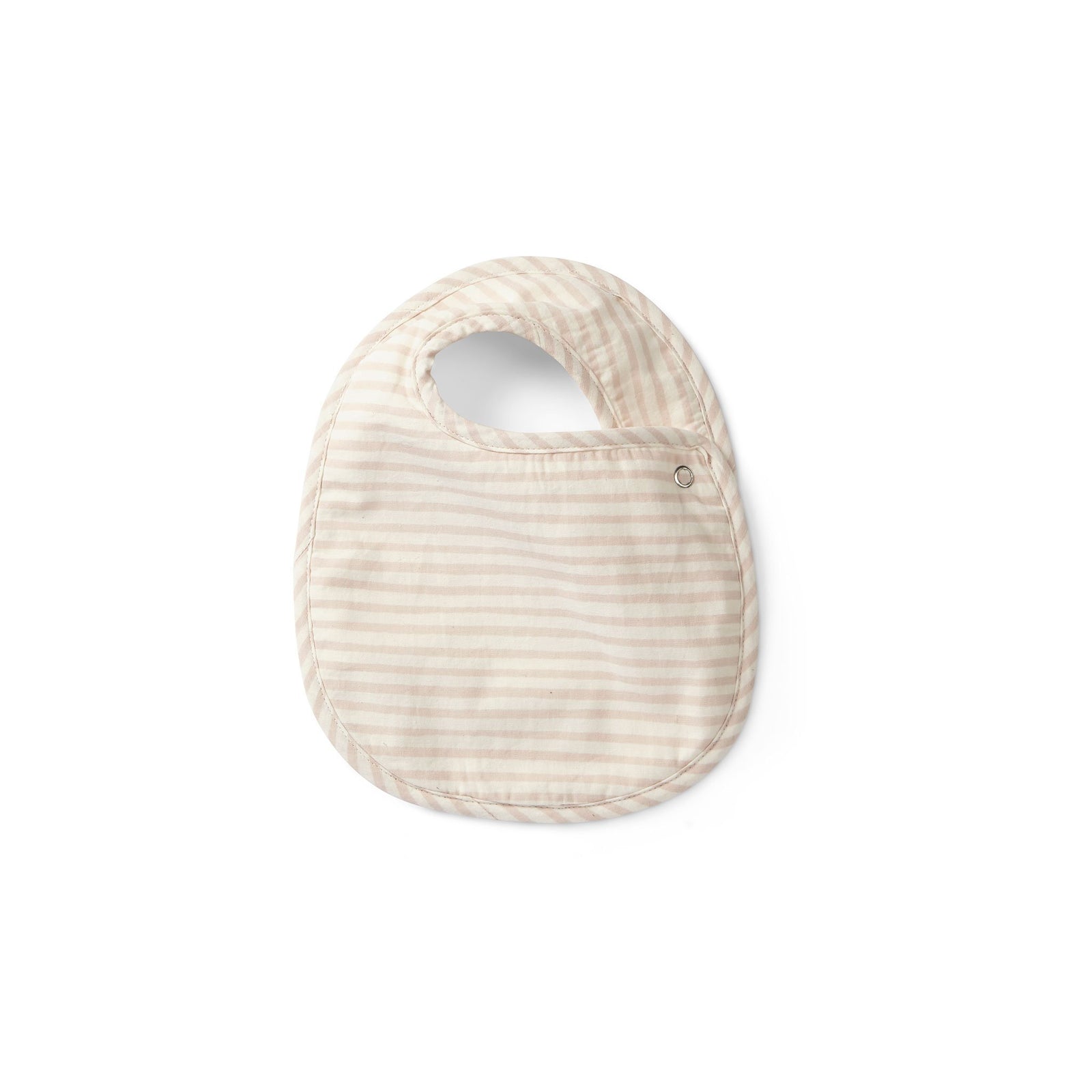 One of the bibs from Pehr Stripes Away Pebble Bib Set of 3. Hand printed. White with light pink stripes.