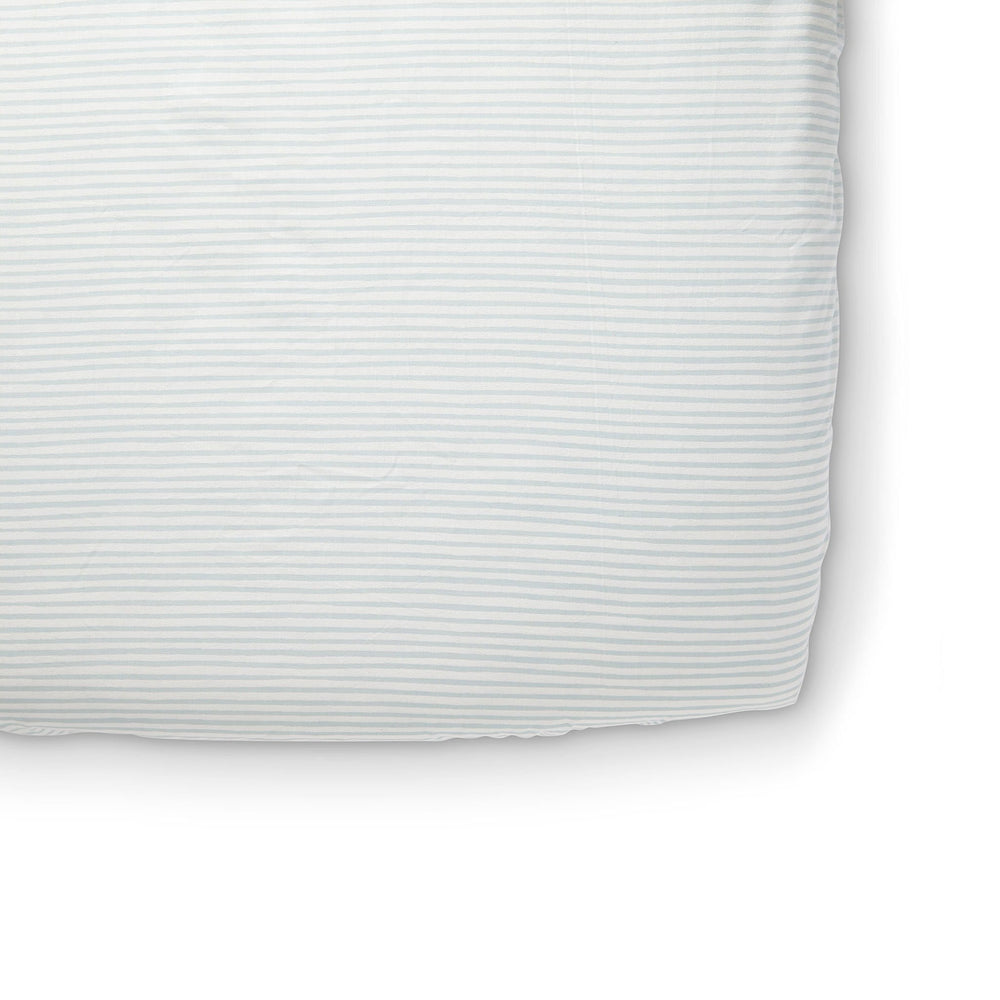 Pehr Stripes Away Sea Organic Striped Crib Sheets. GOTS Certified Organic Cotton. White with blue stripes.