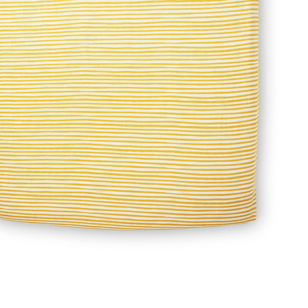 Pehr Stripes Away Marigold Organic Striped Crib Sheets. GOTS Certified Organic Cotton. White with gold stripes.