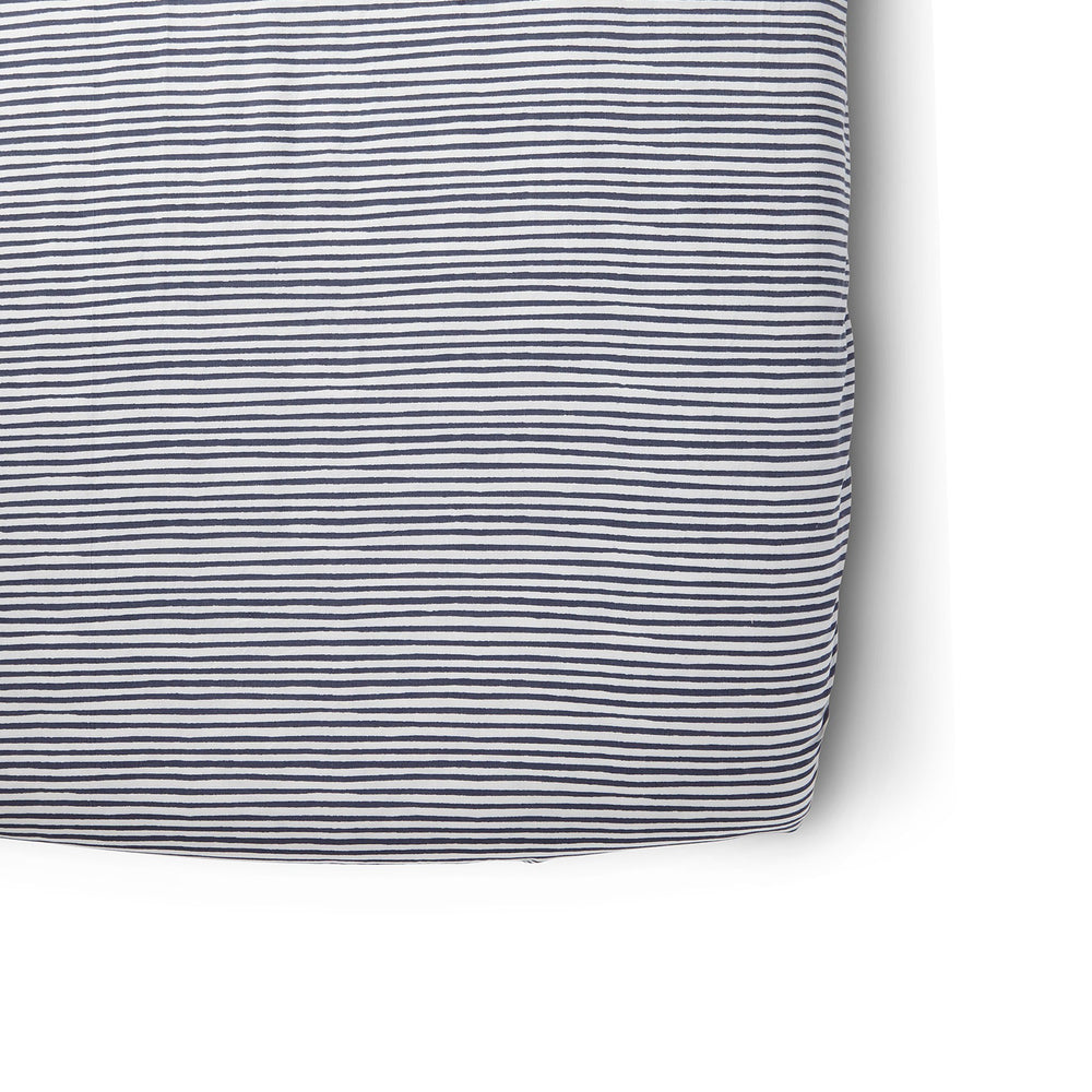 Pehr Stripes Away Ink Blue Organic Striped Crib Sheets. GOTS Certified Organic Cotton. White with pink stripes.