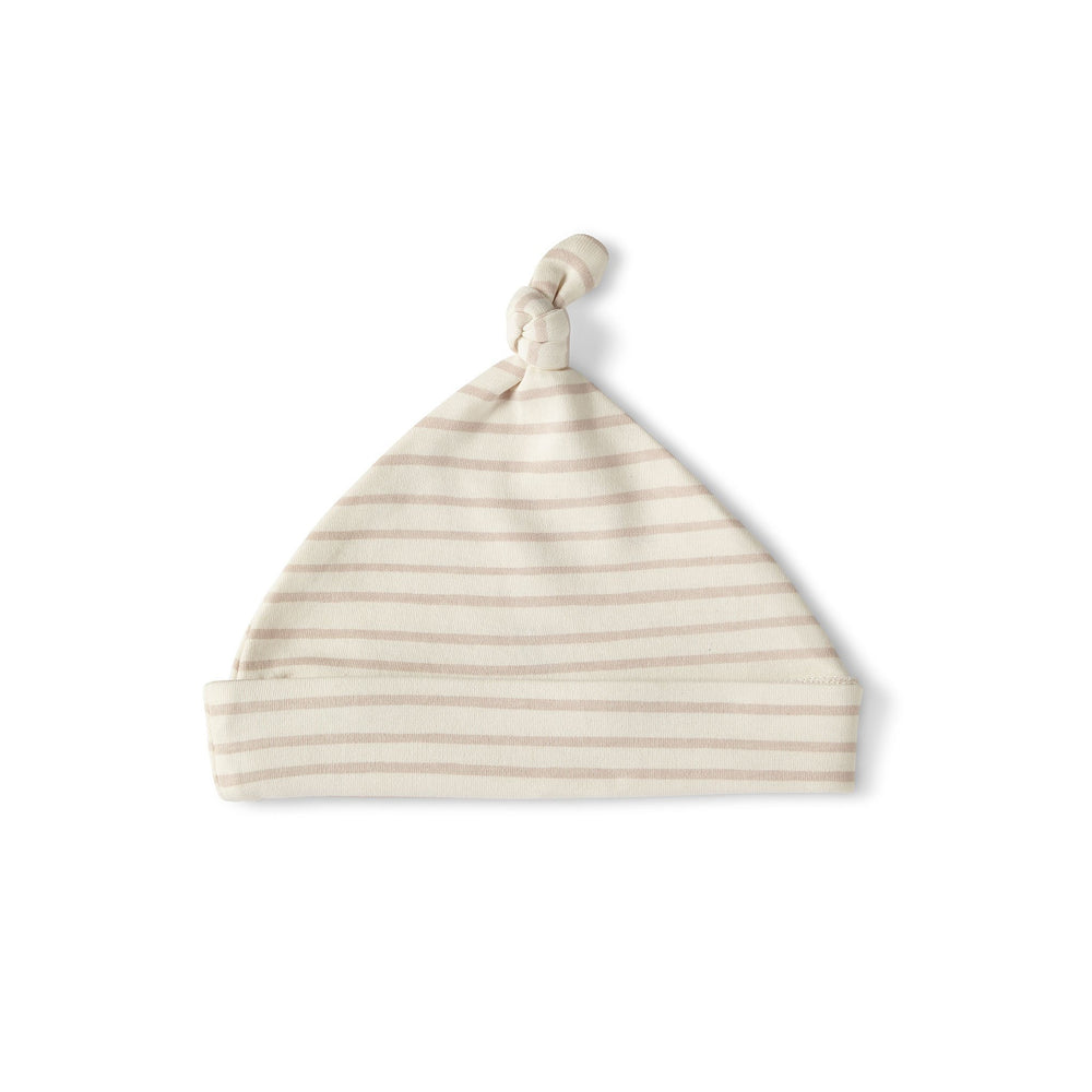 Pehr Stripes Away Petal Organic Knot Hat. GOTS Certified Organic Cotton & Dyes. White with light pink stripes.