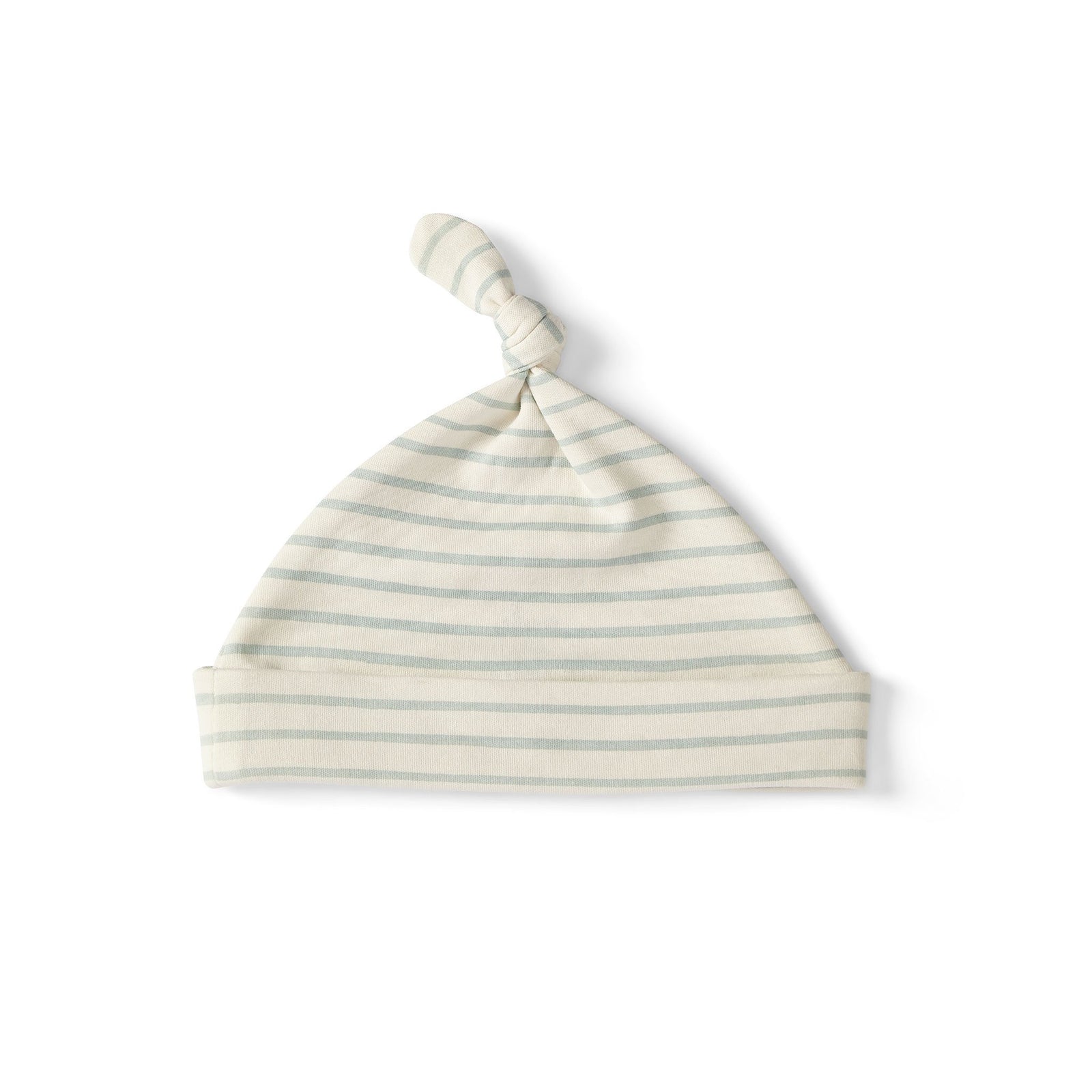 Pehr Stripes Away Sea Organic Knot Hat. GOTS Certified Organic Cotton & Dyes. White with light blue stripes.