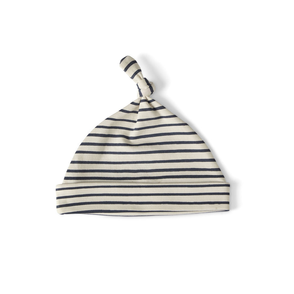 Pehr Stripes Away Ink Blue Organic Knot Hat. GOTS Certified Organic Cotton & Dyes. White with dark blue stripes.