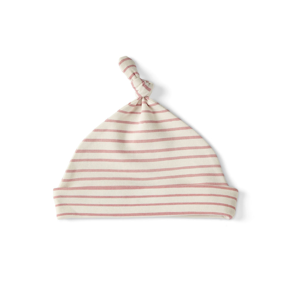 Pehr Stripes Away Dark Pink Organic Knot Hat. GOTS Certified Organic Cotton & Dyes. White with dark pink stripes.