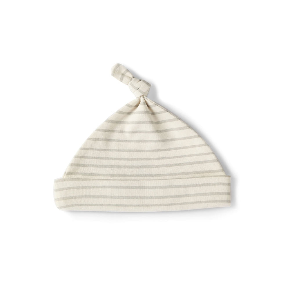 Pehr Stripes Away Pebble Grey Organic Knot Hat. GOTS Certified Organic Cotton & Dyes. White with grey stripes.