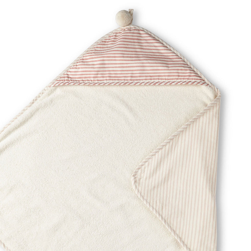 Pehr Stripes Away Petal Hooded Towel. Hand printed. Cotton. White with light pink and dark pink stripes, terry cloth inside.