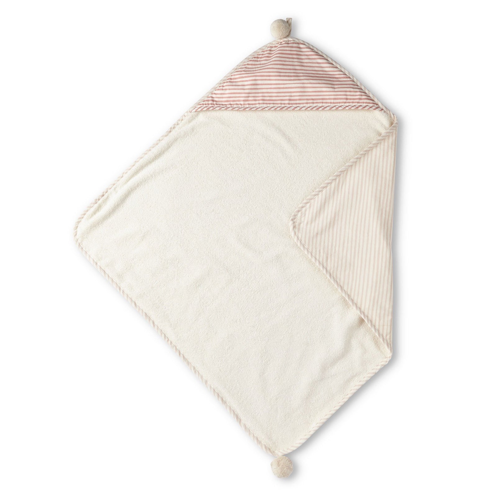 Pehr Stripes Away Petal Hooded Towel. Hand printed. Cotton. White with light pink and dark pink stripes, terry cloth inside.