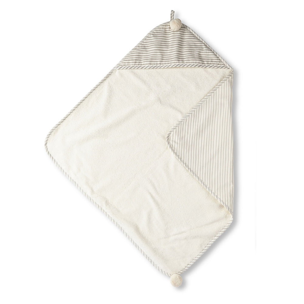 Pehr Stripes Away Pebble Grey Hooded Towel. Hand printed. Cotton. White with light grey stripes, terry cloth inside.