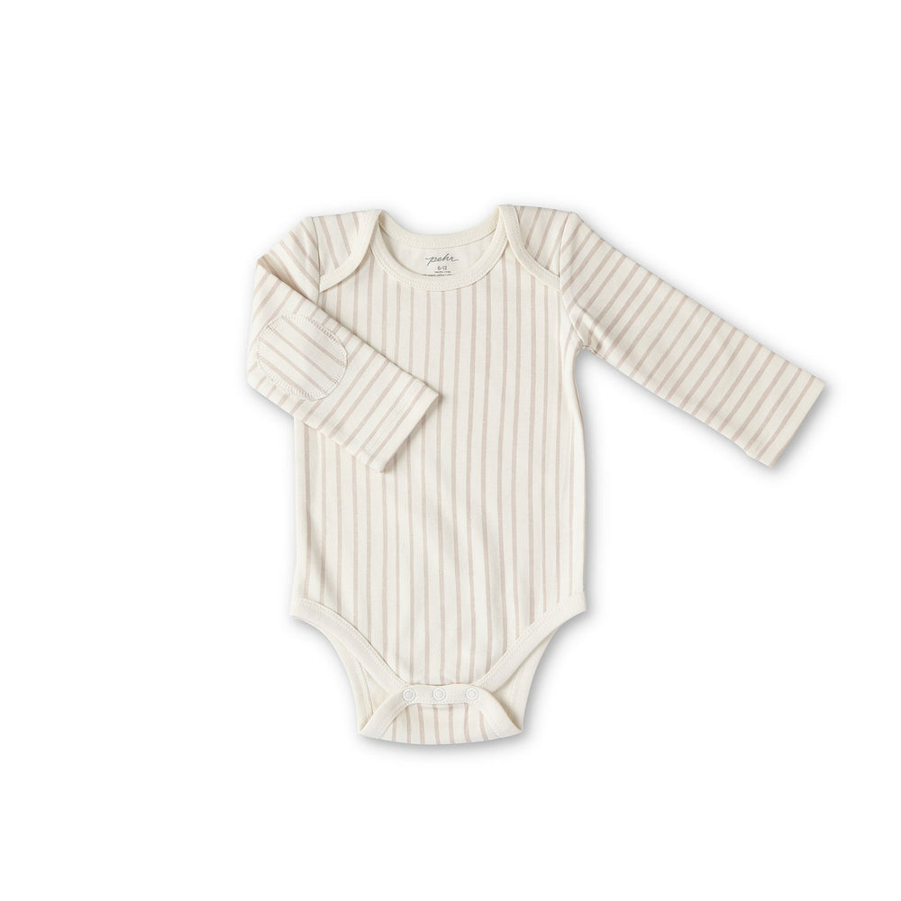 Pehr Stripes Away Petal Organic One-Piece, Long Sleeve. GOTS Certified Organic Cotton & Dyes. White with light pink stripes, long sleeve, button closure at bottom.