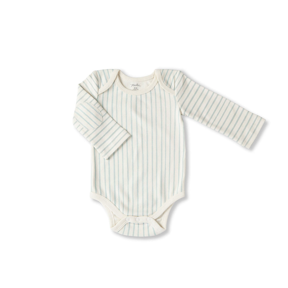 Pehr Stripes Away Sea Organic One-Piece, Long Sleeve. GOTS Certified Organic Cotton & Dyes. White with light blue stripes, long sleeve, button closure at bottom.