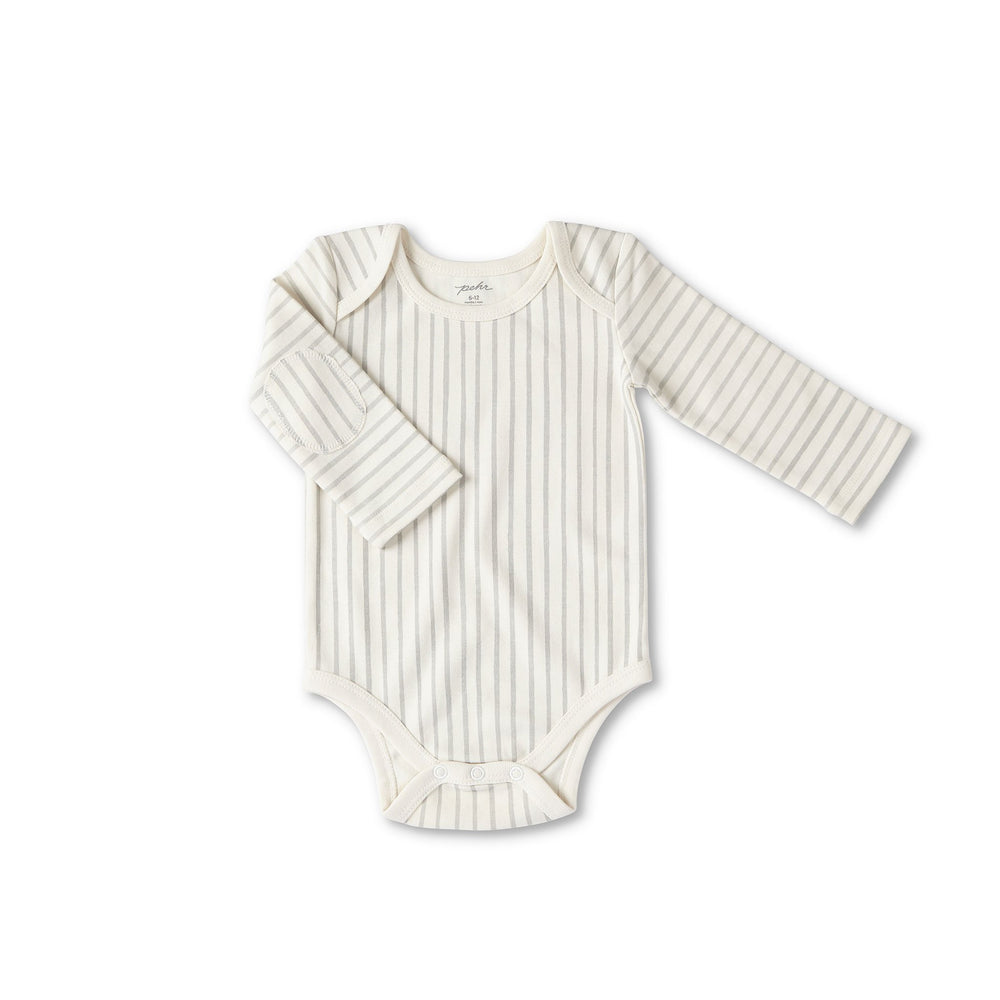 Pehr Stripes Away Pebble Grey Organic One-Piece, Long Sleeve. GOTS Certified Organic Cotton & Dyes. White with light grey stripes, long sleeve, button closure at bottom.