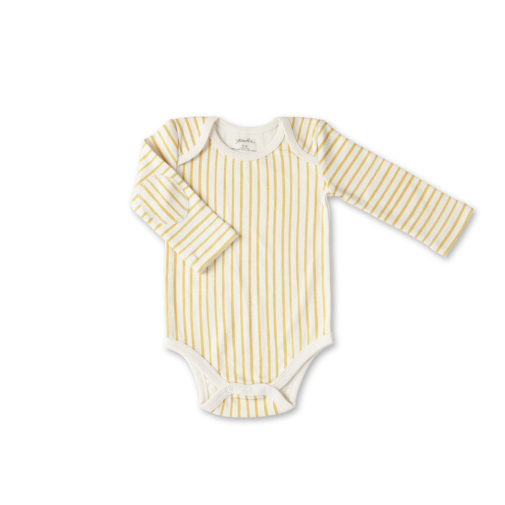 Pehr Stripes Away Marigold Organic One-Piece, Long Sleeve. GOTS Certified Organic Cotton & Dyes. White with gold stripes, long sleeve, button closure at bottom.
