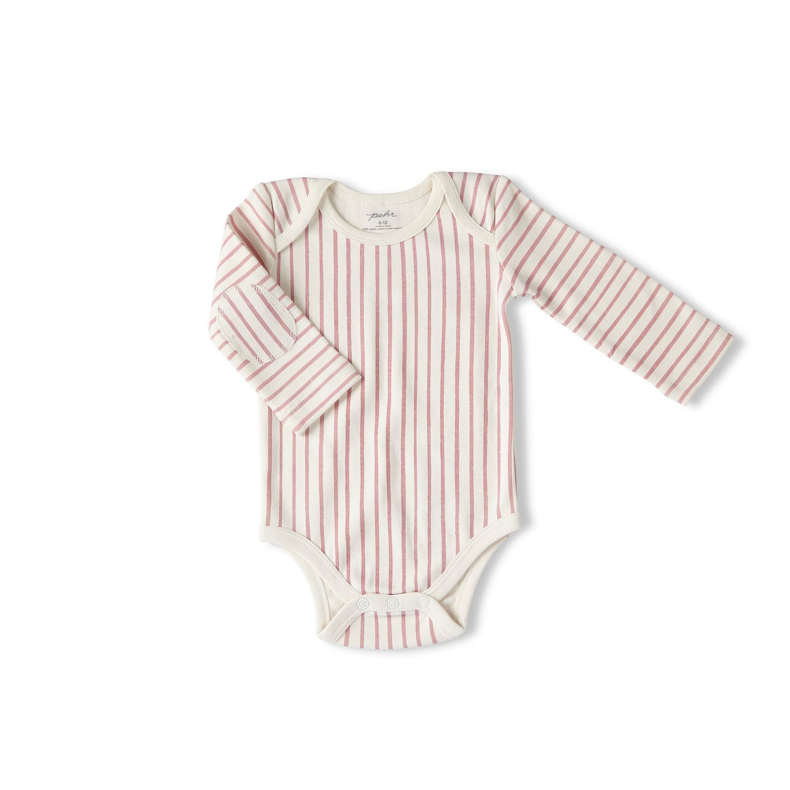 Pehr Stripes Away Dark Pink Organic One-Piece, Long Sleeve. GOTS Certified Organic Cotton & Dyes. White with dark pink stripes, long sleeve, button closure at bottom.