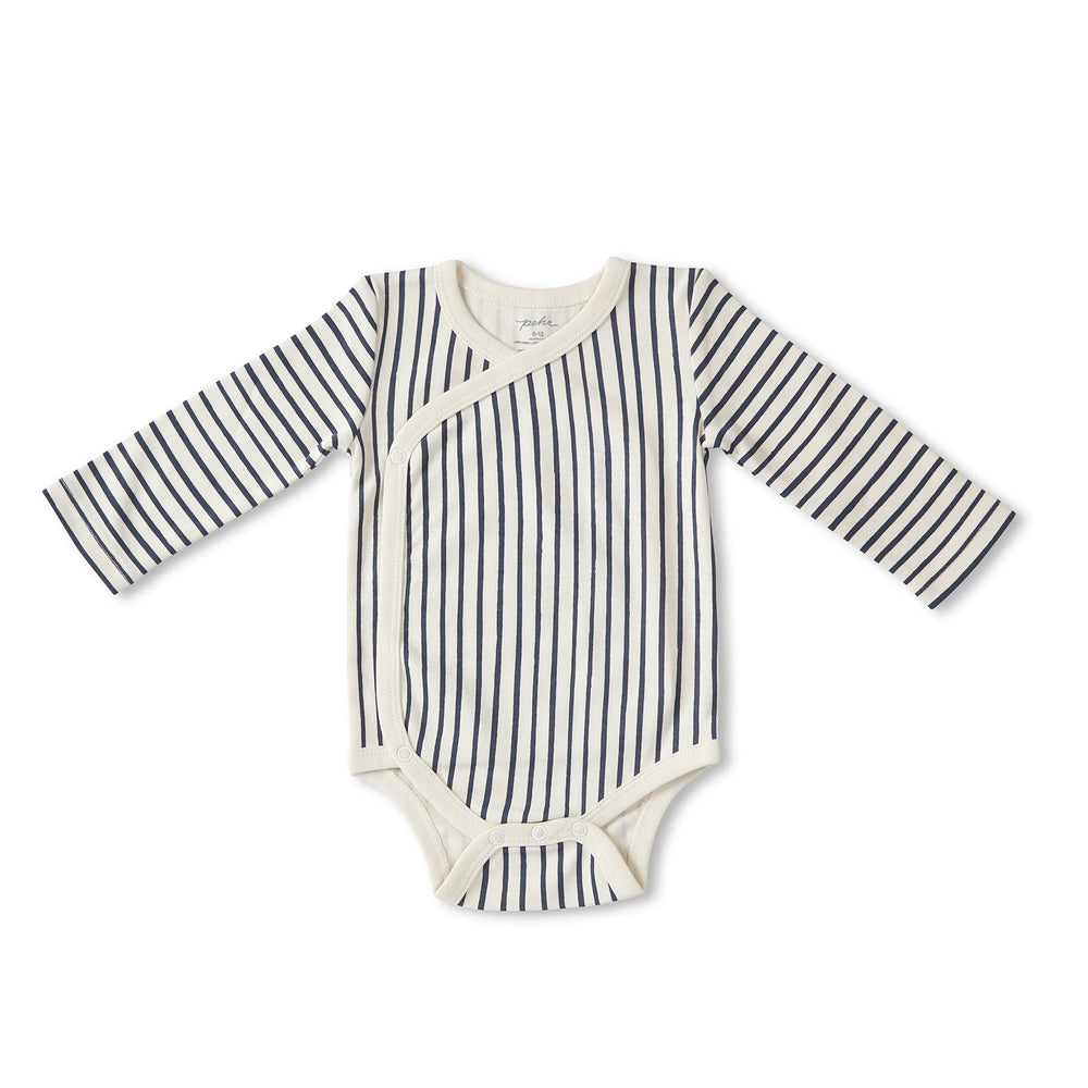 Pehr Stripes Away Ink Blue Organic Kimono One-Piece, Long Sleeve. GOTS Certified Organic Cotton & Dyes. White with dark blue stripes.