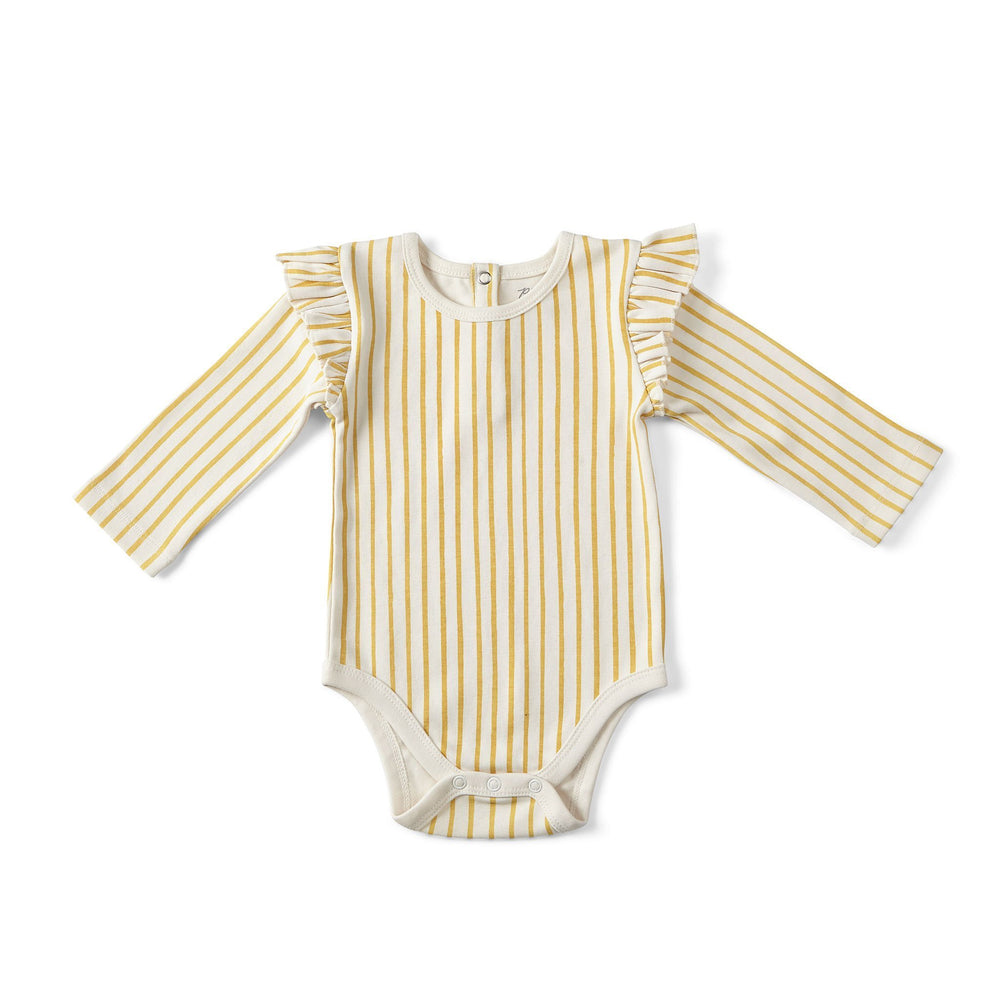 Pehr Stripes Away Marigold with Ruffle Organic One-Piece, Long Sleeve. GOTS Certified Organic Cotton & Dyes. White with gold stripes, long sleeve, ruffles on shoulders, button closure at bottom.