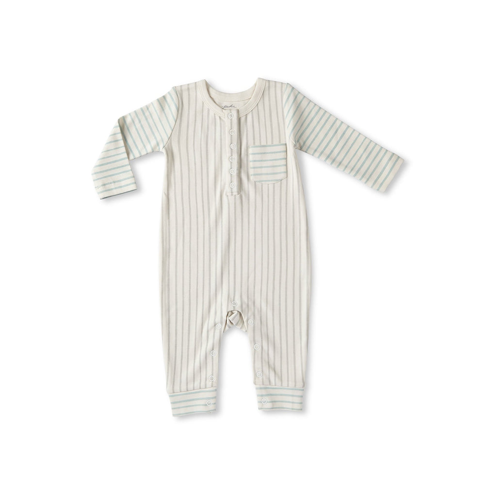 Pehr Long Sleeve Stripes Away Pebble/Sea Romper. Certified organic cotton. White with light and dark grey stripes.