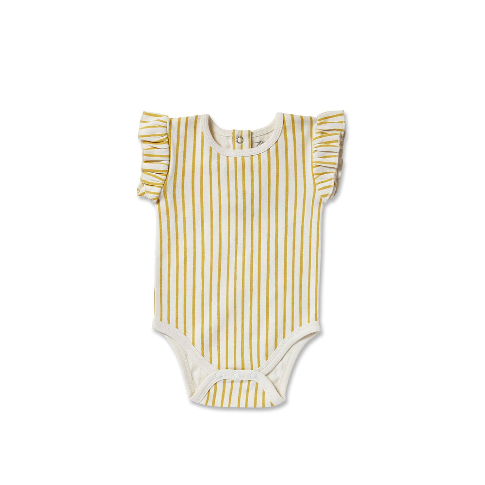 Pehr Stripes Away Marigold with Ruffle Organic One-Piece, Short Sleeve. GOTS Certified Organic Cotton & Dyes. White with gold stripes, ruffles on shoulders, bottom closure at bottom.