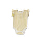Pehr Stripes Away Marigold with Ruffle Organic One-Piece, Short Sleeve. GOTS Certified Organic Cotton & Dyes. White with gold stripes, ruffles on shoulders, bottom closure at bottom.