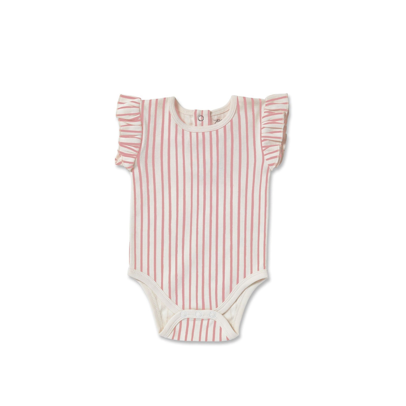 Pehr Stripes Away Dark Pink with Ruffle Organic One-Piece, Short Sleeve. GOTS Certified Organic Cotton & Dyes. White with dark pink stripes, ruffles on shoulders, bottom closure at bottom.