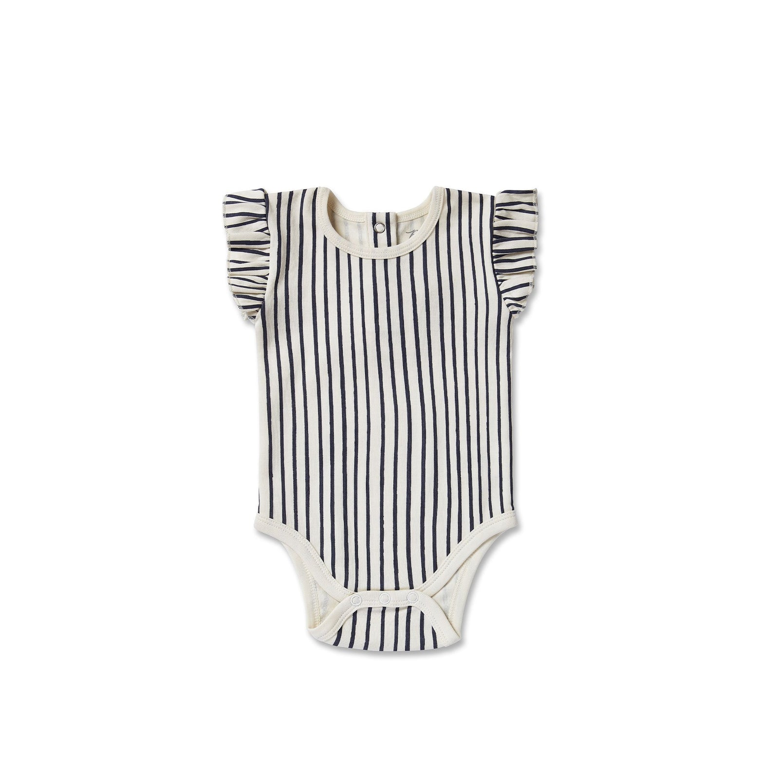 Pehr Stripes Away ink Blue with Ruffle Organic One-Piece, Short Sleeve. GOTS Certified Organic Cotton & Dyes. White with dark blue stripes, ruffles on shoulders, bottom closure at bottom.