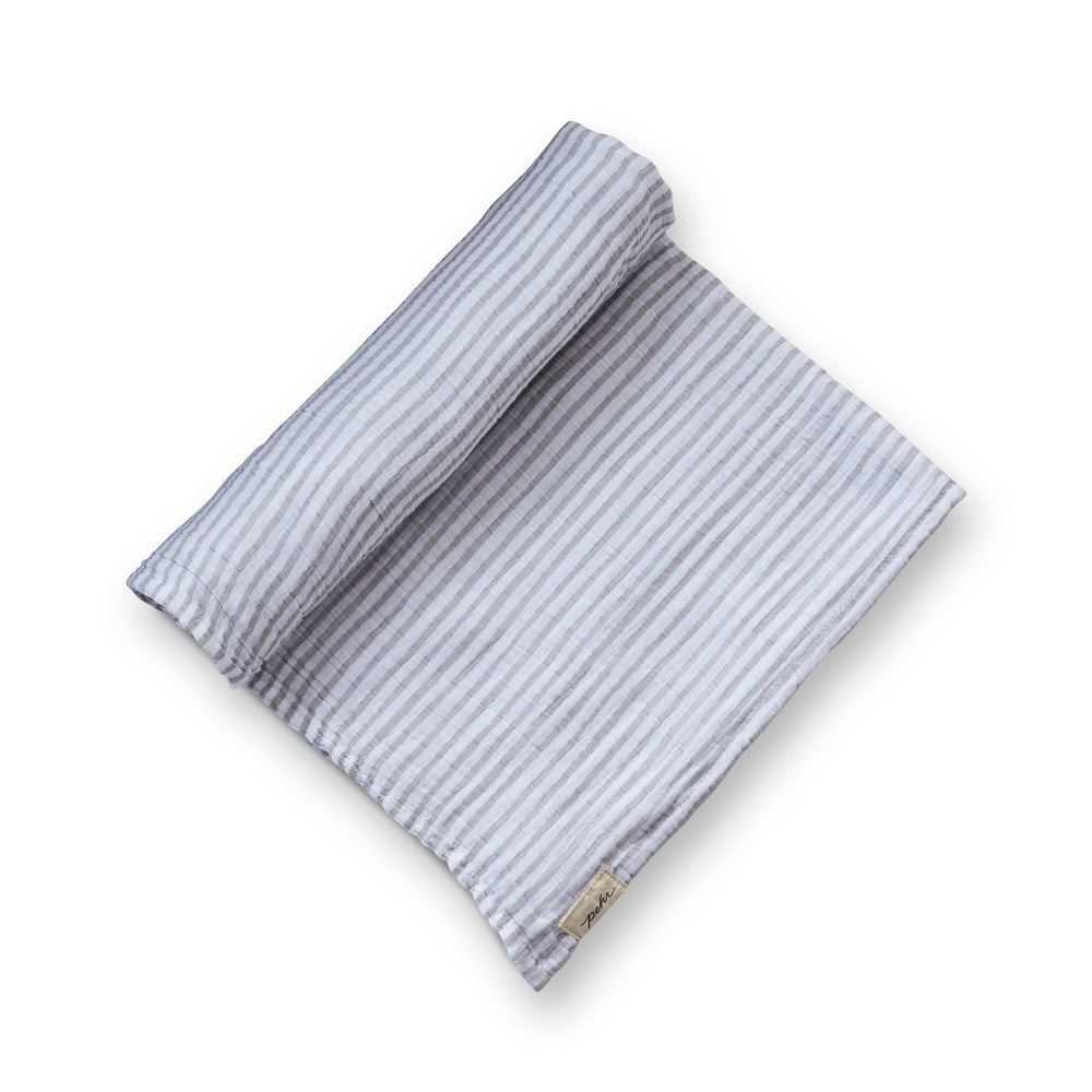Pehr Stripes Away Pebble Grey Organic Striped Swaddles. GOTS Certified Organic Cotton. White with grey stripes.