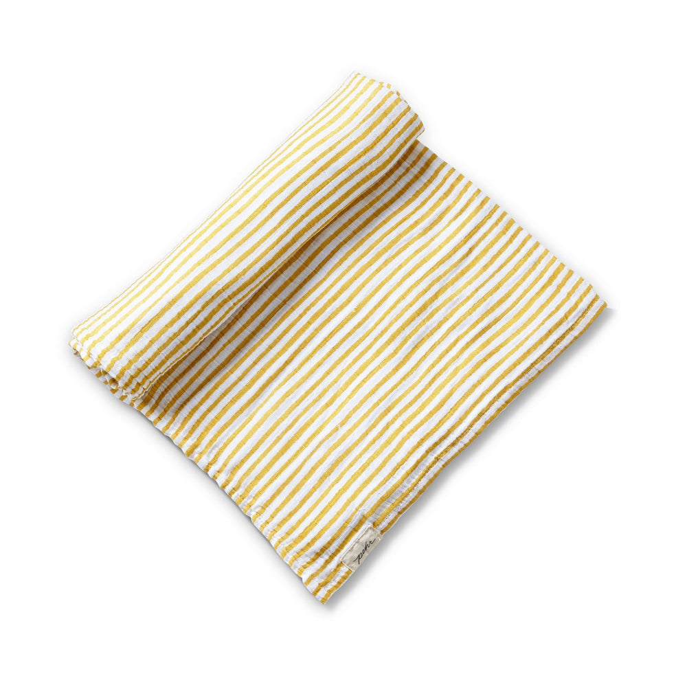 Pehr Stripes Away Marigold Organic Striped Swaddles. GOTS Certified Organic Cotton. White with gold stripes.