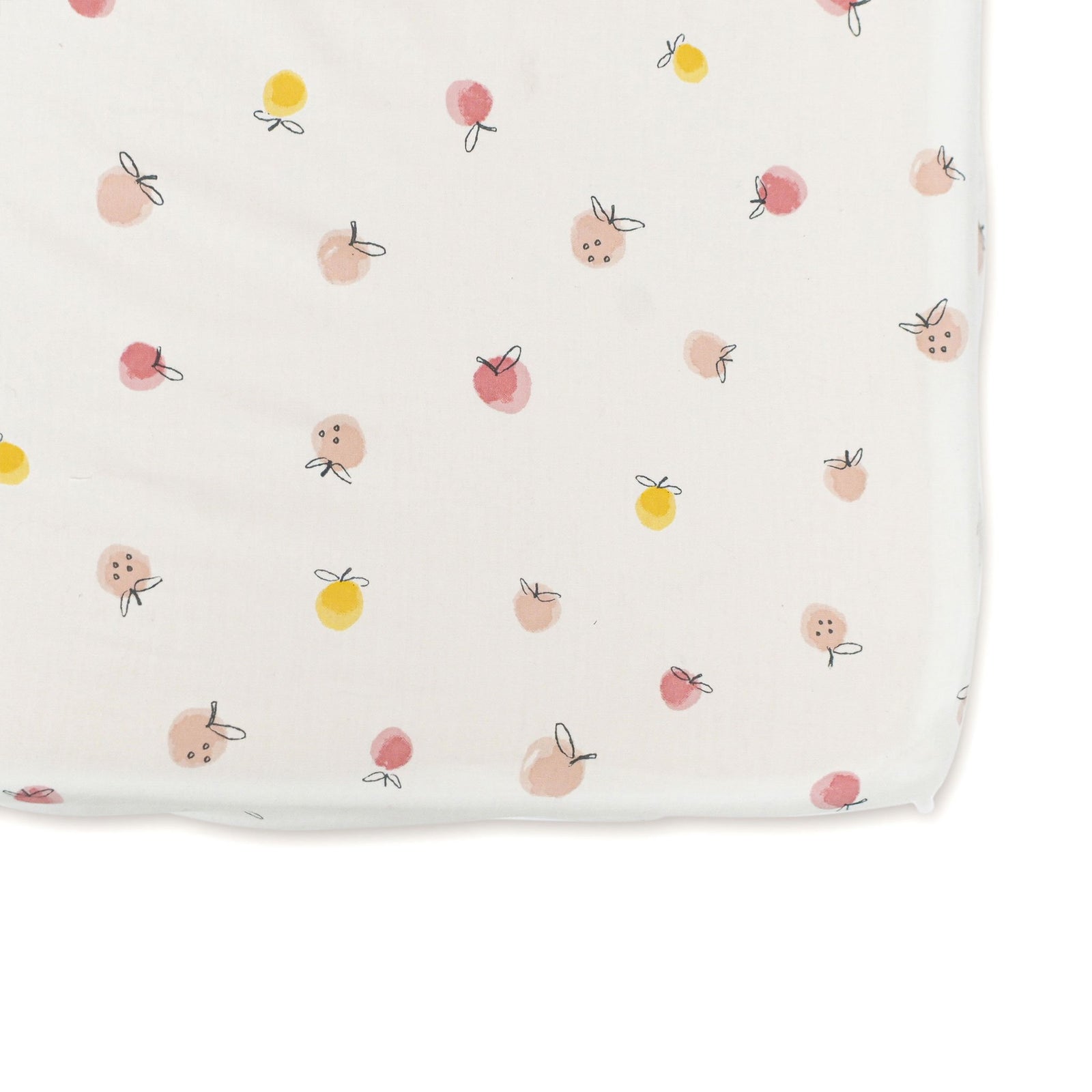 Pehr Strawberry Fields Organic Crib Sheet. GOTS Certified Organic Cotton. Screen printed by hand using AZO-Free dyes. White with Pink and Yellow Strawberries.