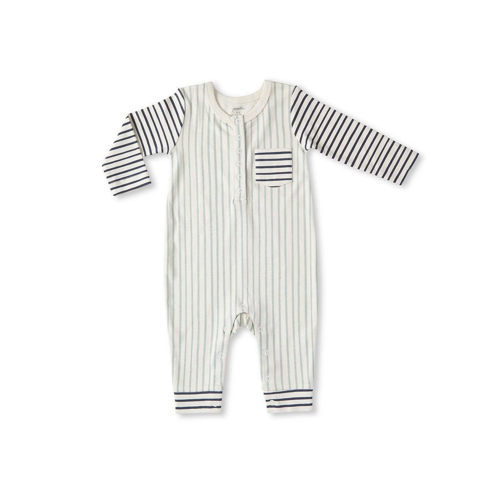 Pehr Long Sleeve Stripes Away Sea/Ink Romper. Certified organic cotton. White with light and dark blue stripes.