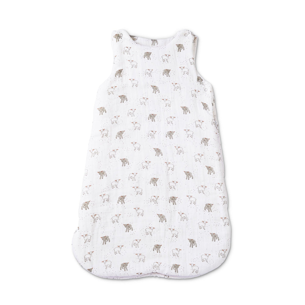 Pehr Little Lamb 1.0 TOG Sleep Bag. 100% organic muslin cotton. White with grey and white little lamb print.