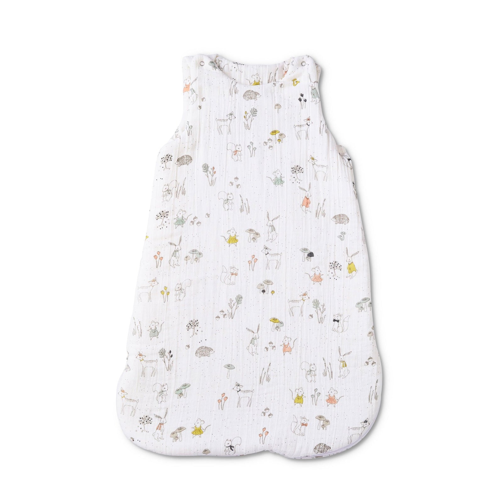 Pehr Magical Forest 1.0 TOG Sleep Bag. 100% organic muslin cotton. White with navy, marigold and rose tonal deer, squirrels, rabbits and forest foliage print.