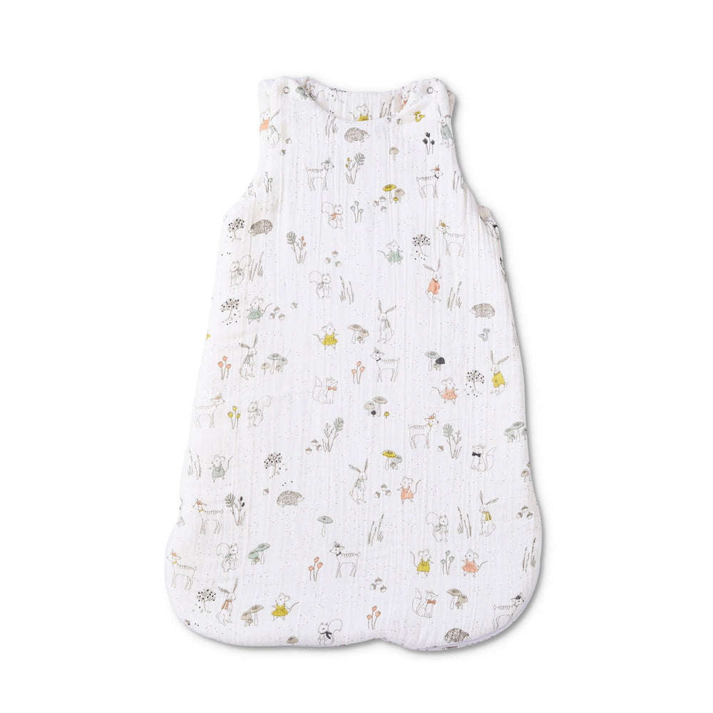 Pehr Magical Forest Organic Muslin 1.7 TOG Sleep Bag. Organic muslin cotton. White with forest animals and plants pattern.