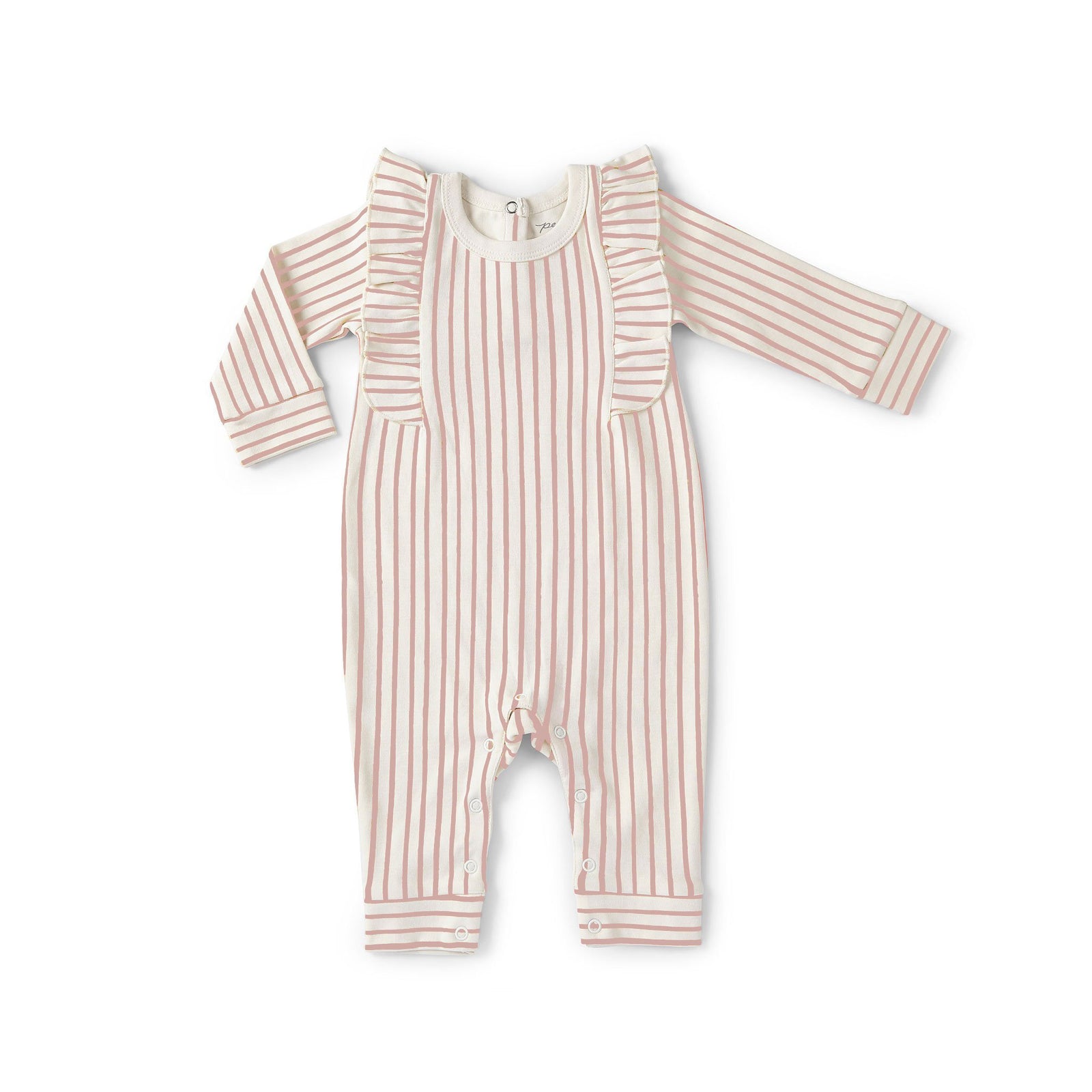 Pehr Long Sleeve Stripes Away Dark Pink w/Ruffle Romper. Certified organic cotton. White with pink stripes and ruffles on the collar.