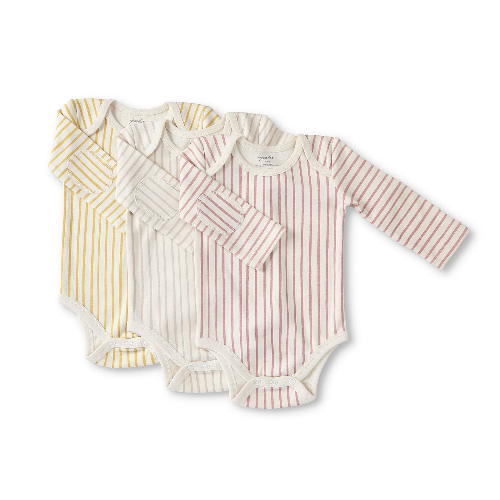 Pehr Stripes Away Marigold, Pebble Grey, and Dark Pink Organic One-Piece, Long Sleeve layered over top of one another. GOTS Certified Organic Cotton & Dyes. White with stripes, long sleeve, button closure at bottom.