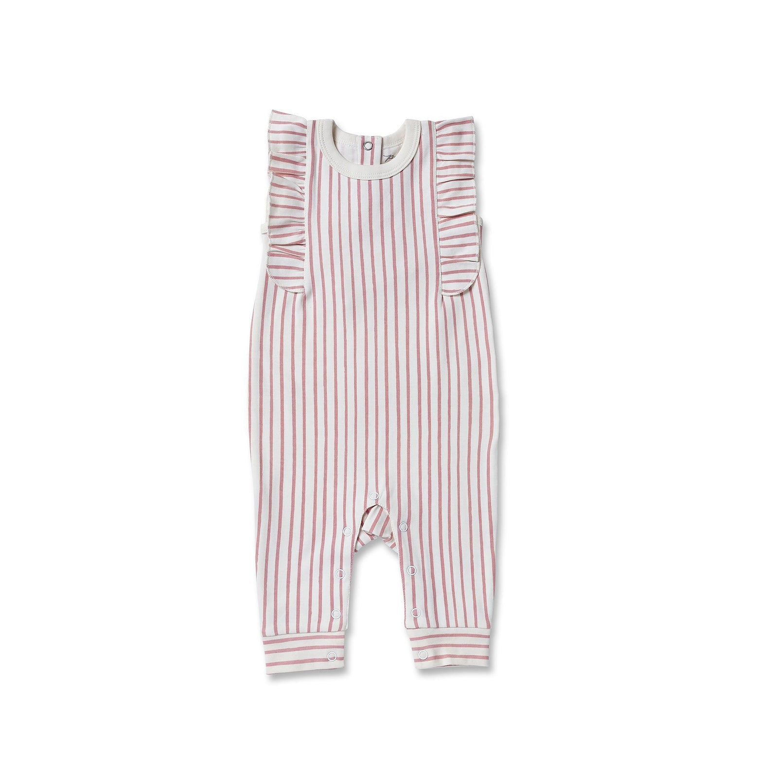 Pehr Short Sleeve Stripes Away Dark Pink w/Ruffle Romper. Certified organic cotton. White with pink stripes and ruffles on the collar.