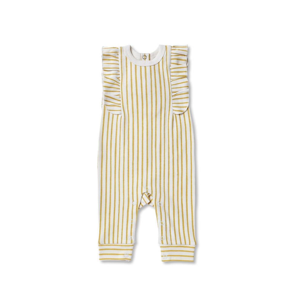 Pehr Short Sleeve Stripes Away Marigold w/Ruffle Romper. Certified organic cotton. White with gold stripes and ruffles on the collar.