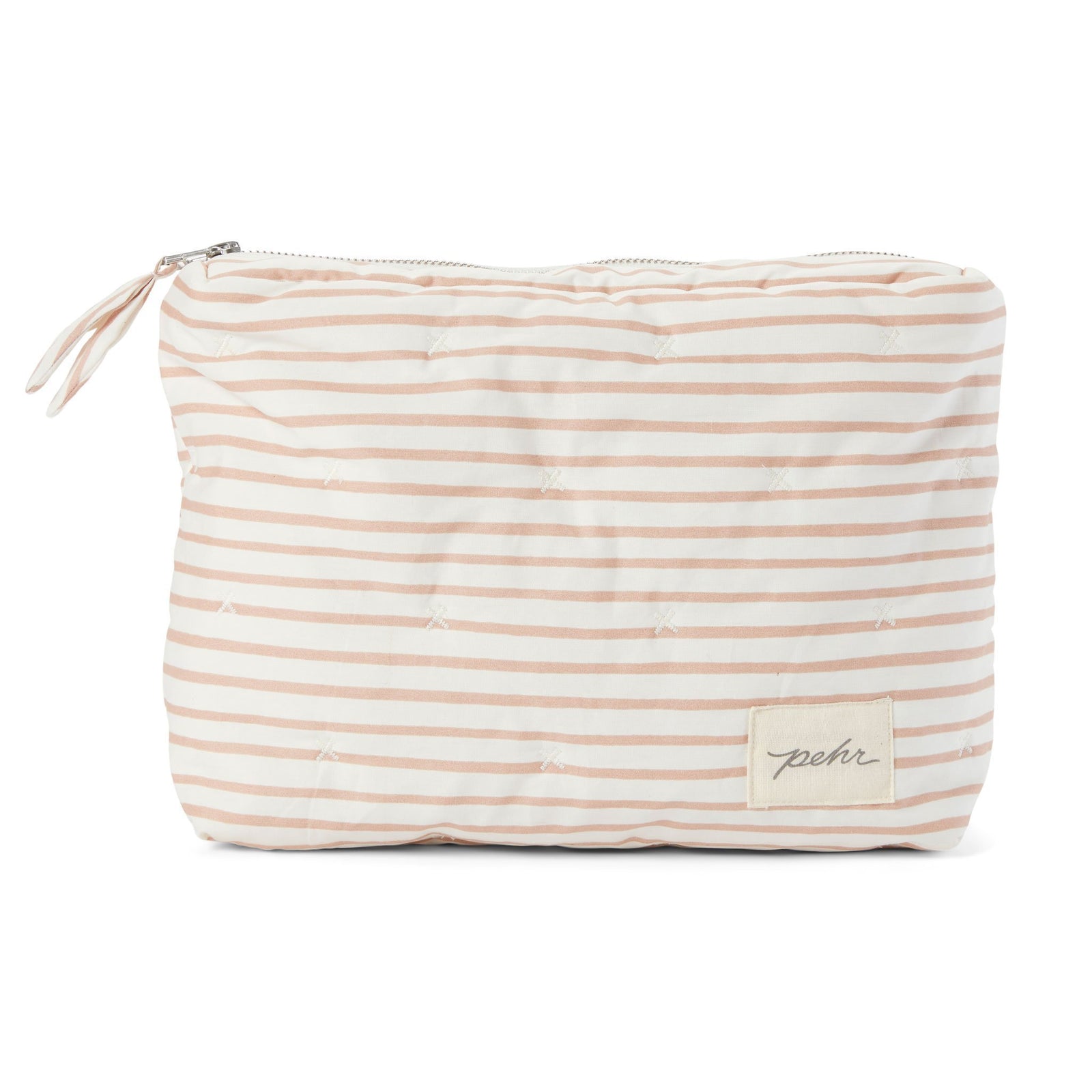 Pehr Rose Pink Organic On The Go Travel Pouch. GOTS Certified Organic Cotton & Dyes. White with pink stripes and zippered close.