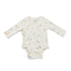 Pehr Just Hatched Organic One-Piece, Long Sleeve. GOTS Certified Organic Cotton & Dyes. White with baby animal pattern, long sleeve, button closure at bottom.
