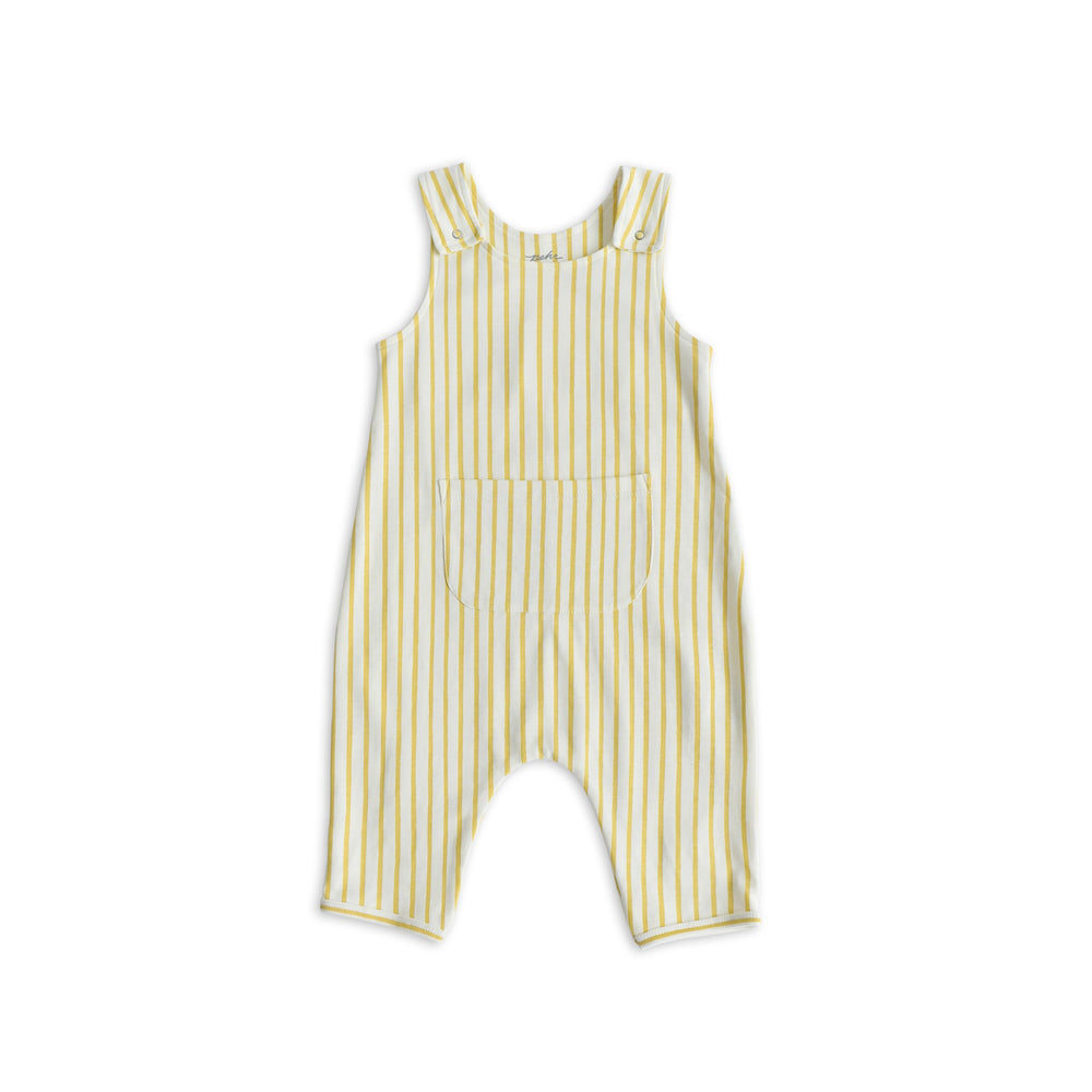 Pehr Stripes Away Marigold Overall. GOTS Certified Organic Cotton & Dyes. White with gold stripes and front pocket.